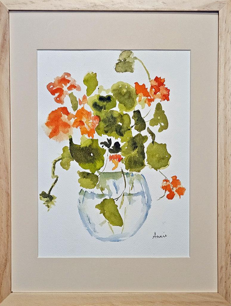 Watercolor on paper 9" x 12" image framed to 12" x 16" nasturtiums 2023