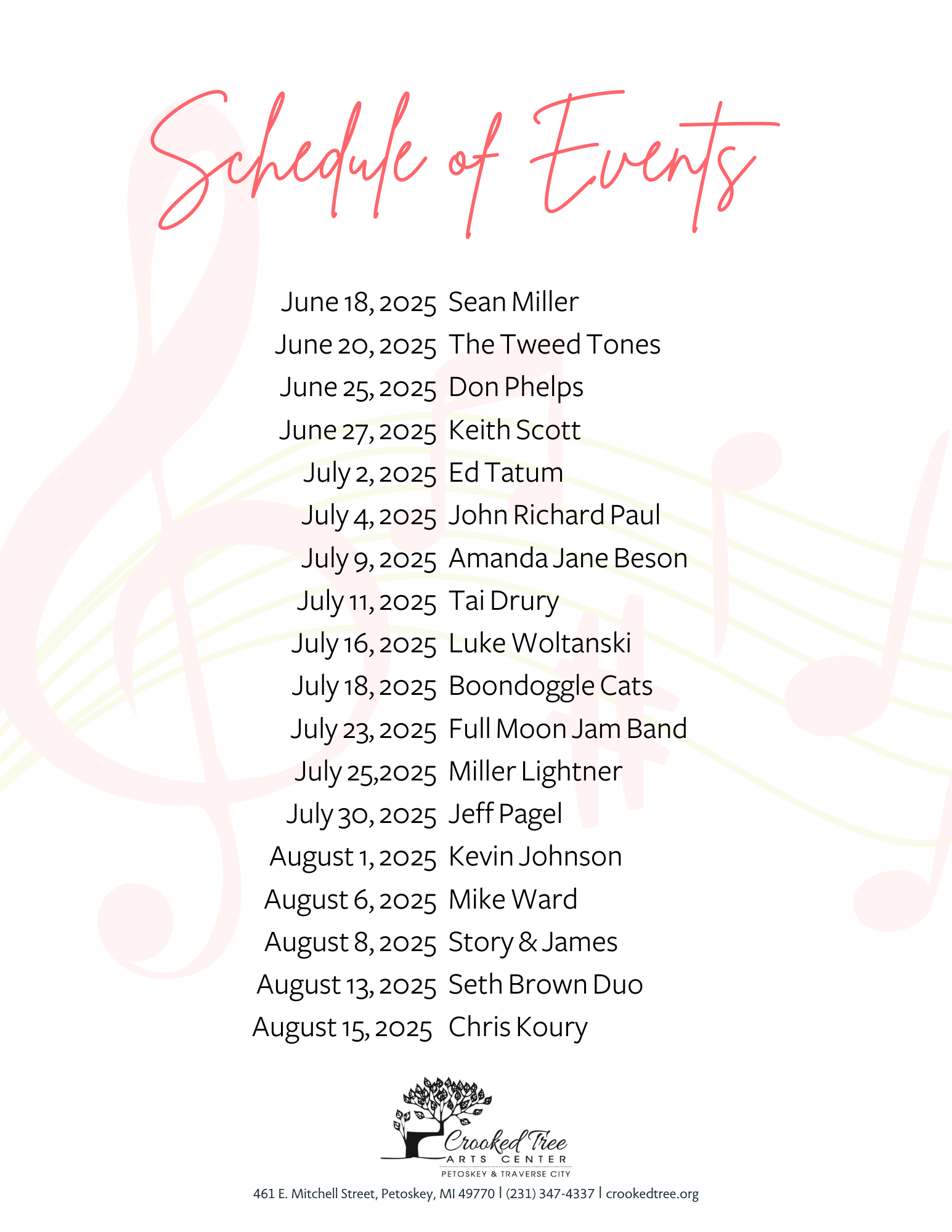 Schedule of events for the Charlotte Ross Lee 2025 Concerts in the Park