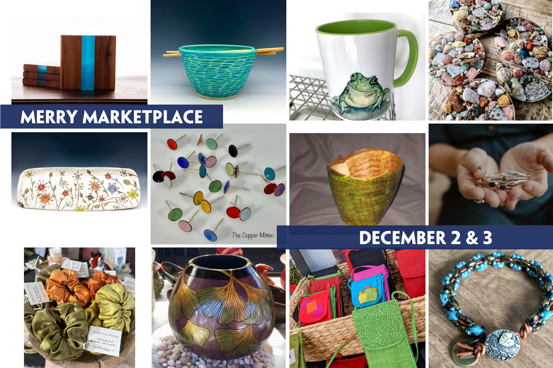 Images of art you will see at the December Merry Marketplace