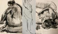 ID: A collage of three figure drawings. The left-most picture is a detailed figure drawing of a woman facing away from the artist's point of view, sitting down on a cushion and hugging a knee to her chest. The picture in the center is simple and only lines, and depicts a woman standing up facing the right with her arms above her head and her elbows bent. The right is a detailed drawing of a woman laying down with a stomach over her arm. END ID.