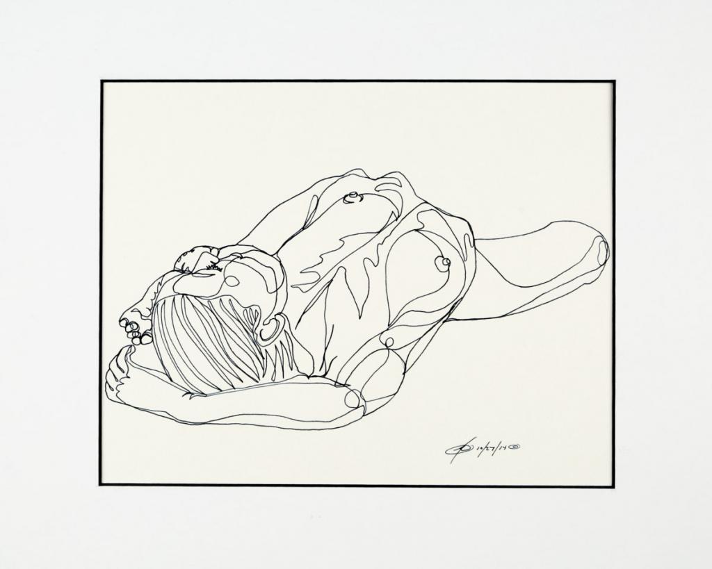 A single ink line, drawn in one continuous stroke, reveals a woman reclined into a subtle stretch.