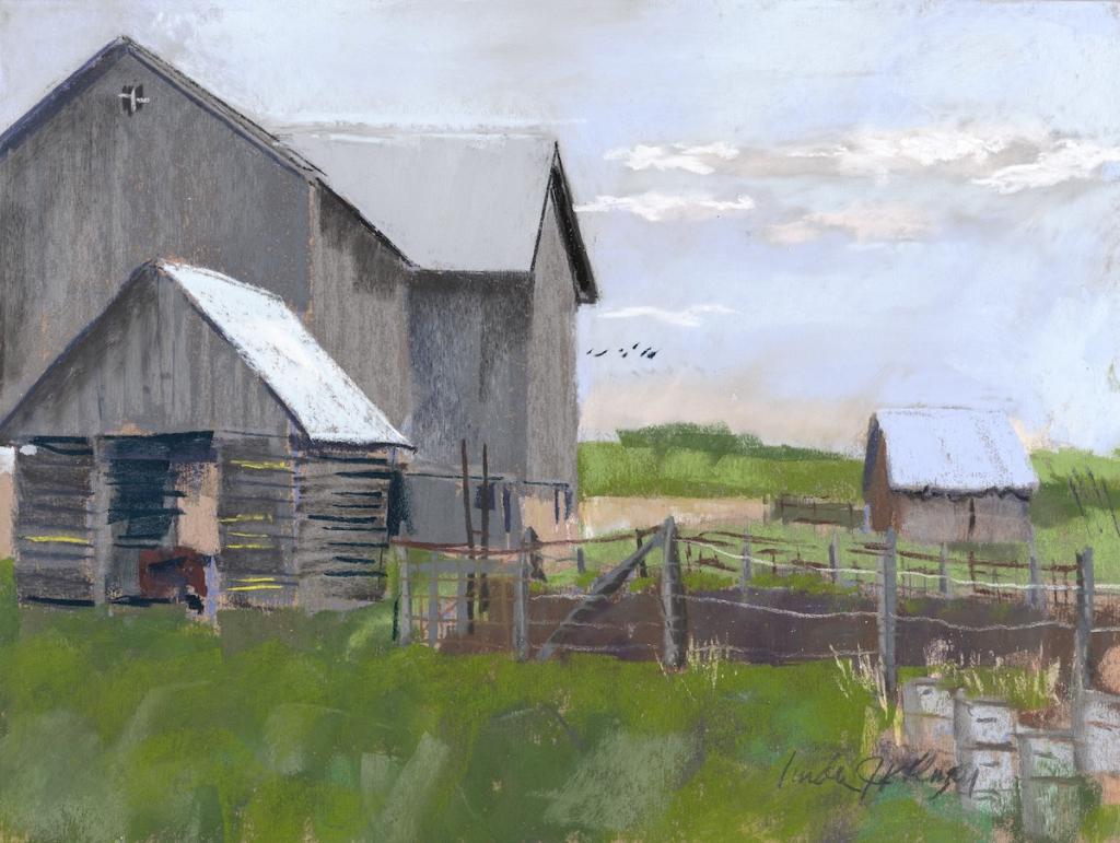 A beautiful farm in Traverse City. The farmer allowed me to drive into his property. I painted this and finished just as a rain was moving in.  Great angles of roof shapes