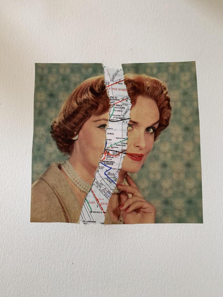Mixed media collage with vintage image and map