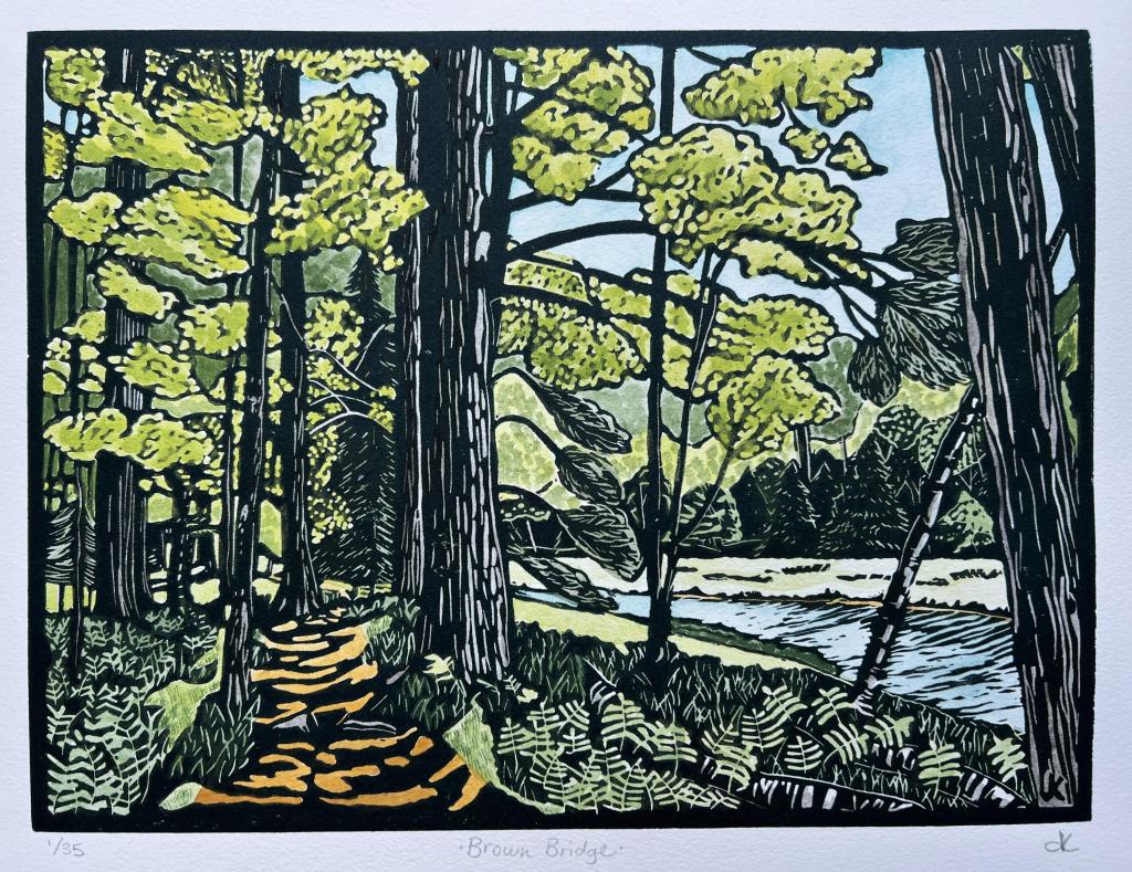 Hand printed linoprint, hand painted with watercolor paints I made using natural earth pigments  9x12
