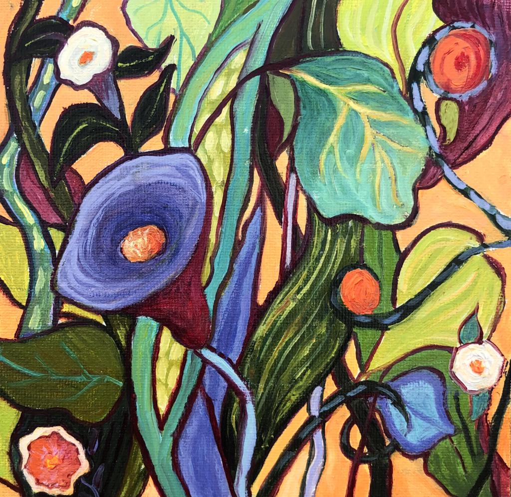 This oil painting is playfully done using color and shapes reminiscent of florals.