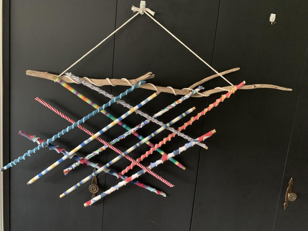 Bamboo, fabric and yarn abstract 4’ x 2’