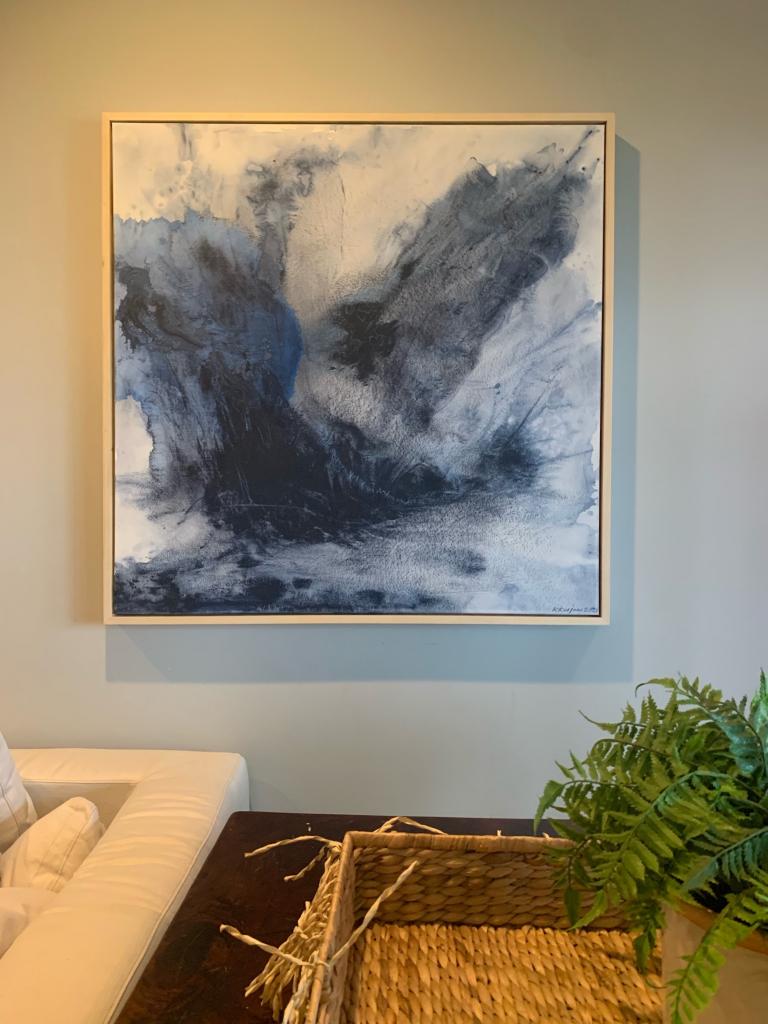 Great Lakes Storm.  Large scale abstract by By Kristy Kurjan  Acrylic on canvas. Handmade wooden frame.  48" x 48"