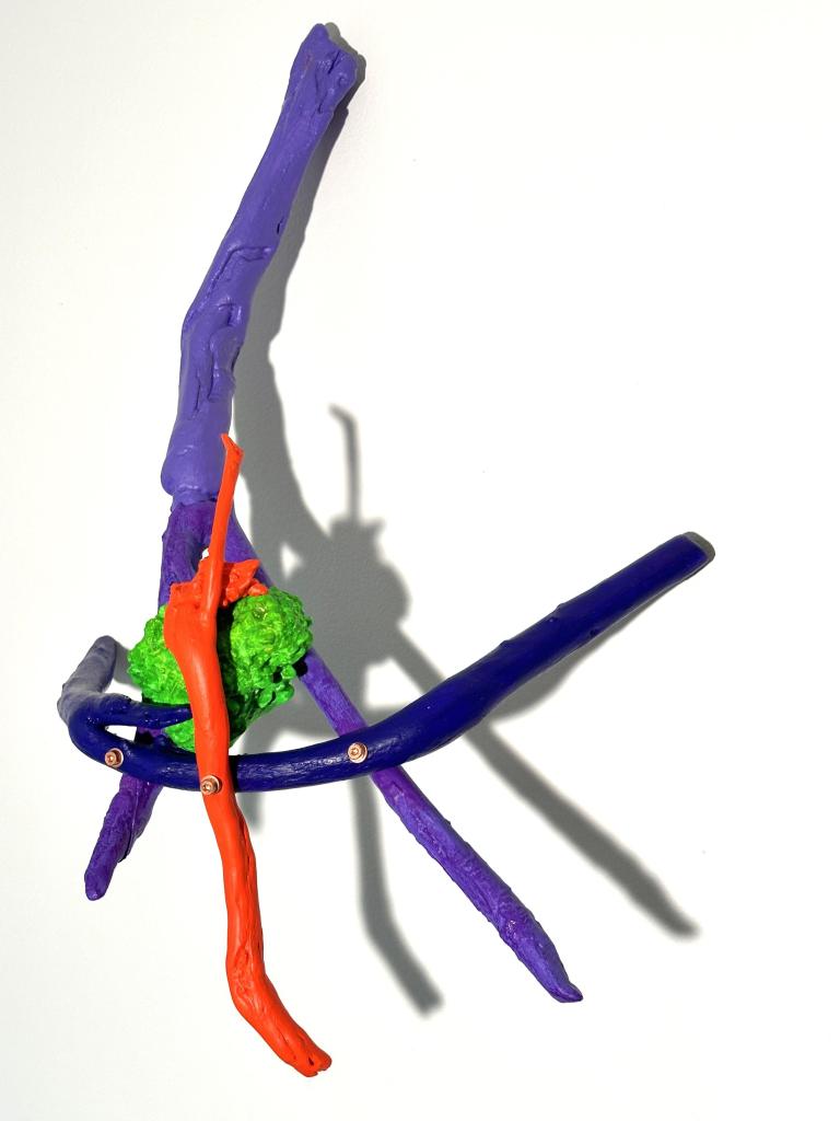 2024 19" tall, Wall-hung sculpture, Acrylic on primed wood and stone with copper
