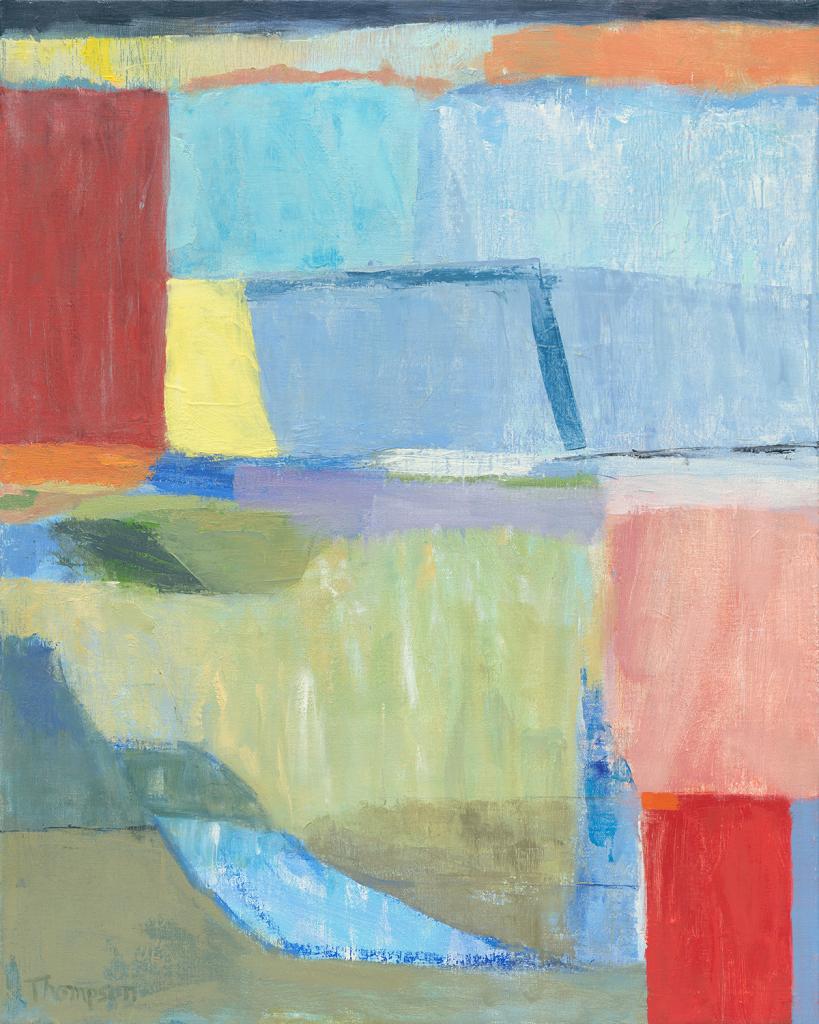 A 30 x 24 in oil painting with complimentary colors, this painting is one of a series of abstract landscapes.