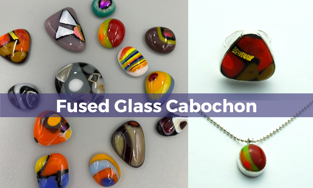Assortment of colorful fused glass cabochons, pendants and ring