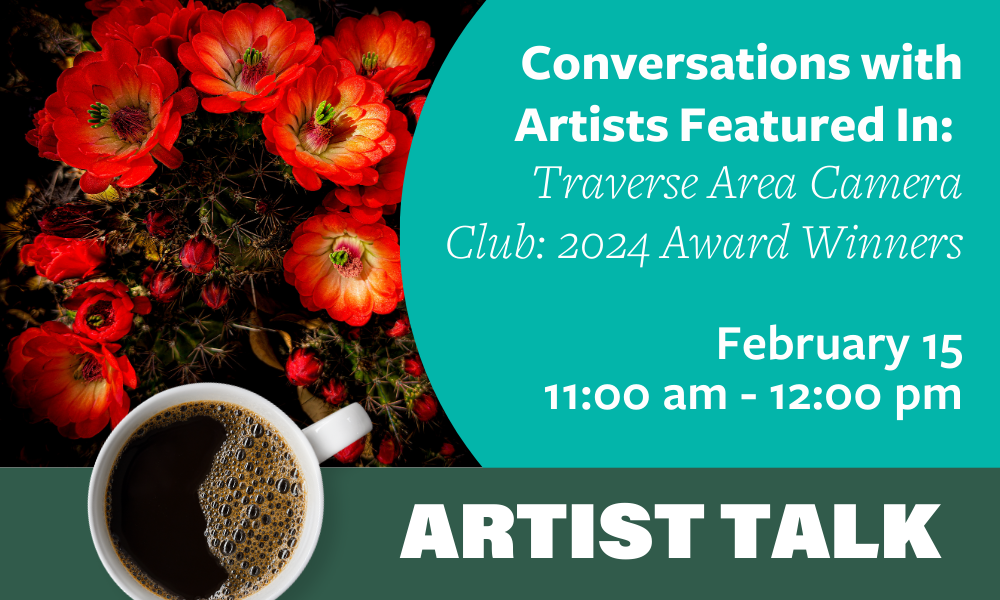 Colorful floral photography & graphics announcing camera club artist talks