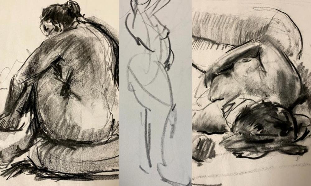 ID: A collage of three figure drawings. The left-most picture is a detailed figure drawing of a woman facing away from the artist's point of view, sitting down on a cushion and hugging a knee to her chest. The picture in the center is simple and only lines, and depicts a woman standing up facing the right with her arms above her head and her elbows bent. The right is a detailed drawing of a woman laying down with a stomach over her arm. END ID.