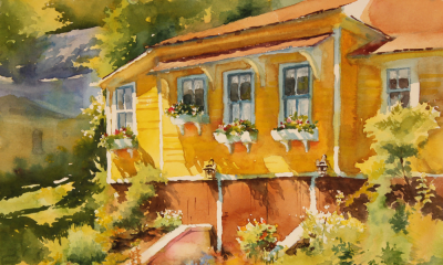 A vibrant watercolor painting of a yellow house with blue-trimmed windows and flower boxes, bathed in warm sunlight and surrounded by lush greenery, capturing a charming and nostalgic summer atmosphere.